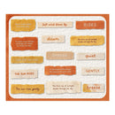 A square educational craft or art print featuring a white textured background with multiple orange and beige torn paper labels containing words and definitions related to dawn and breeze, all set against a solid orange border.