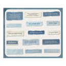 A square decorative print or card featuring multiple light blue and cream text labels with inspirational quotes, arranged on a textured white background with a blue border.