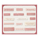 A square decorative print or card featuring multiple small pink and cream paper-texture labels with friendship-themed phrases, arranged on a white background with a dusty rose border.