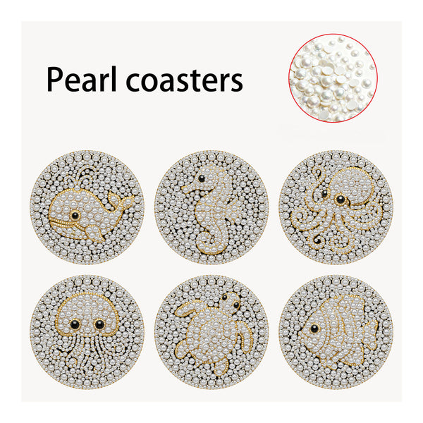 Six round pearl coasters with sea creature designs, including a whale, seahorse, octopus, jellyfish, turtle, and fish, arranged on a light background with a circular inset showing the pearl texture.
