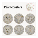 Six round pearl coasters with animal and insect designs, arranged in two rows on a light background. A circular inset at the top right shows a close-up of the pearl texture.