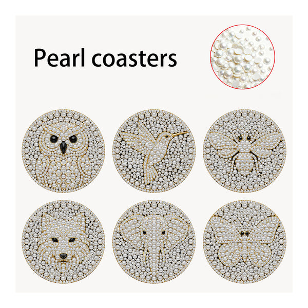 Six round pearl coasters with animal and insect designs, arranged in two rows on a light background. A circular inset at the top right shows a close-up of the pearl texture.