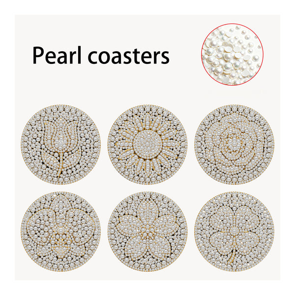 Six round pearl coasters with intricate floral and geometric patterns, arranged in a grid on a light beige background with a close-up inset of loose pearl details.