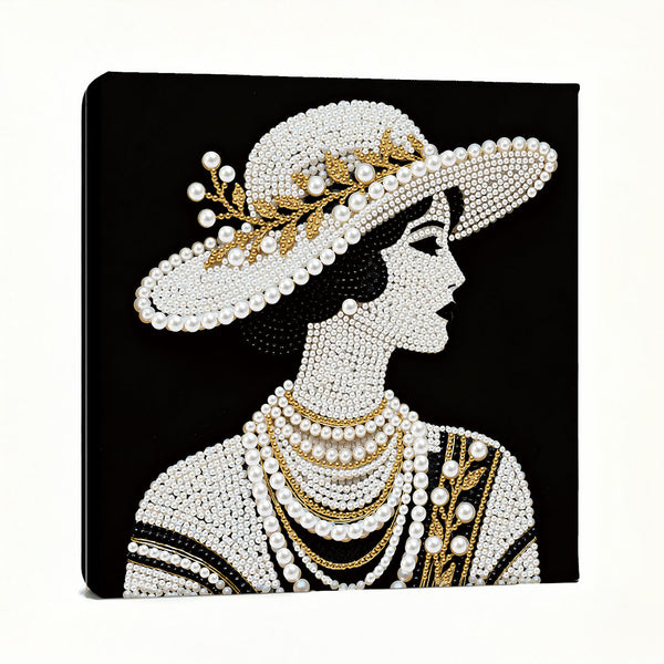 Decorative wall art of a woman wearing a beaded hat and jewelry on a black background