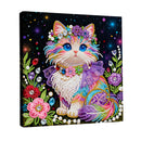 Colorful cat painting with decorative elements on a black background