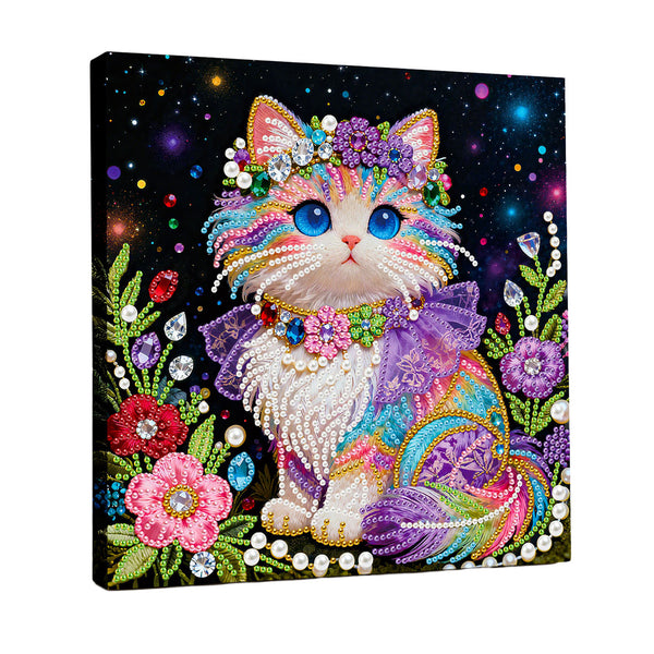 Colorful cat painting with decorative elements on a black background