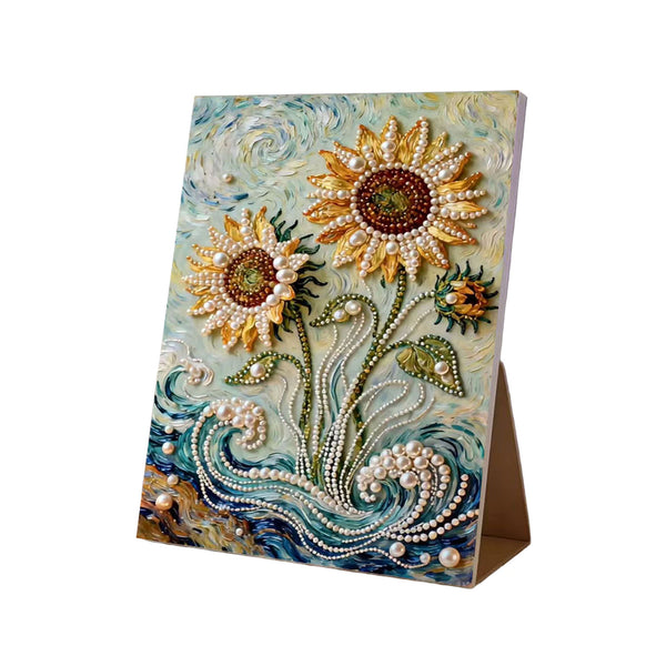 Decorative card with sunflowers and pearl embellishments on a white background