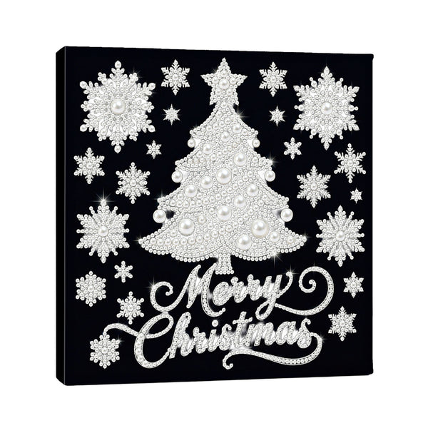 A square black canvas wall art print featuring a silver rhinestone Christmas tree, snowflakes, stars, and the words 'Merry Christmas' in silver script, shown at a slight angle against a white background.