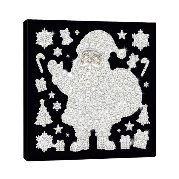 A square black canvas wall art print featuring a white rhinestone-style Santa Claus surrounded by holiday motifs including snowflakes, candy canes, stars, and gifts, shown against a plain white background.