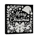 A square black canvas wall art print featuring a white rhinestone-style Christmas design with the words “Merry Christmas,” a Santa hat, a bow, bells, and snowflakes, shown against a plain white background.