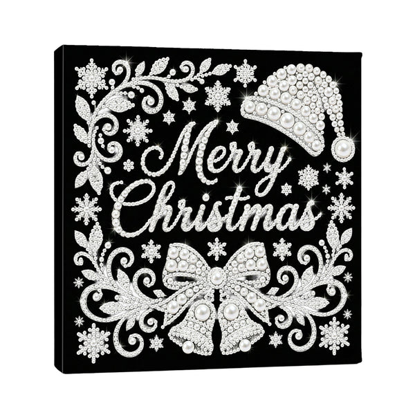 A square black canvas wall art print featuring a white rhinestone-style Christmas design with the words “Merry Christmas,” a Santa hat, a bow, bells, and snowflakes, shown against a plain white background.