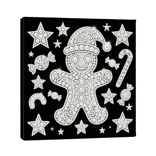A square black canvas wall art print featuring a white rhinestone-style gingerbread man surrounded by stars, candy canes, and sweets on a black background.