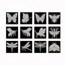 A set of 12 insect-themed rhinestone brooch designs, featuring butterflies, bees, dragonflies, and ants on black square backing cards, arranged in a 3x4 grid on a white background.