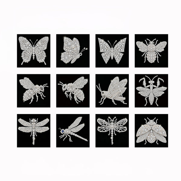 A set of 12 insect-themed rhinestone brooch designs, featuring butterflies, bees, dragonflies, and ants on black square backing cards, arranged in a 3x4 grid on a white background.