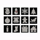 A 3x3 grid of holiday-themed rhinestone designs on black square backgrounds, including Santa Claus, a snowman, a snowflake, a Christmas tree, a ornament, a bell, a gingerbread person, a sleigh, a candle, a stocking, a gift box, and a house.