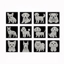 A 3x4 grid of 12 black square tiles, each featuring a different dog illustration made from white dotted patterns. The dogs include French Bulldogs, Golden Retrievers, Bulldogs, Poodles, and Shih Tzu types, set against a plain white background.