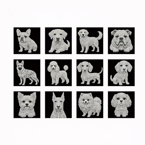 A 3x4 grid of 12 black square tiles, each featuring a different dog illustration made from white dotted patterns. The dogs include French Bulldogs, Golden Retrievers, Bulldogs, Poodles, and Shih Tzu types, set against a plain white background.