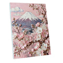 A 3D canvas art print featuring a Japanese landscape with Mount Fuji, pink cherry blossoms, and pearl-like flowers on branches, shown at an angle against a white background.