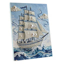 A 3D pearl bead wall art piece depicting a sailing ship on blue ocean waves, shown at an angle against a white background.