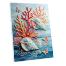 A square canvas wall art print featuring an underwater coral and shell scene, with red, orange, pink, and blue tones, pearl-like bead details, and butterflies, shown against a plain white background.