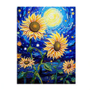 A stylized painting of sunflowers against a swirling blue night sky with a bright yellow moon, shown on a white background.