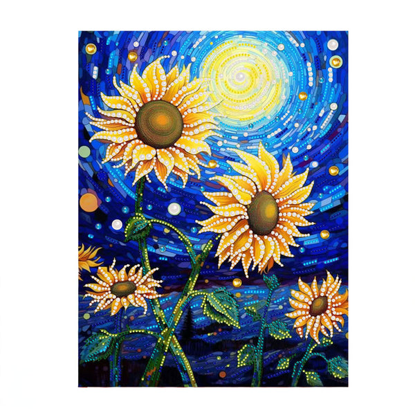 A stylized painting of sunflowers against a swirling blue night sky with a bright yellow moon, shown on a white background.