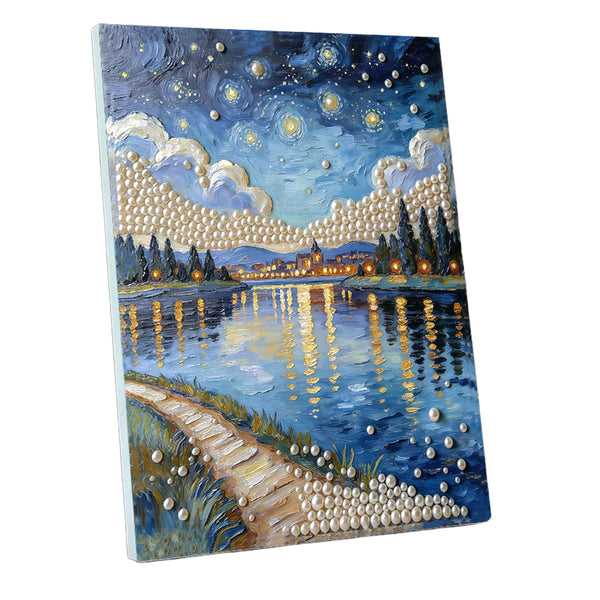 A textured canvas painting depicting a starry night sky over a lake with a village, trees, and a winding path, rendered in an impressionistic style with blue, white, yellow, and green tones.