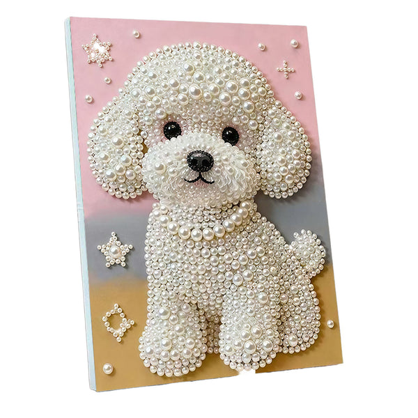 A diamond painting canvas featuring a white poodle made of white pearls and beads, set against a pink, gray, and gold gradient background with pearl stars.