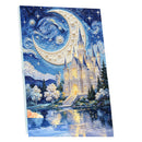 A vertical diamond painting canvas or art print featuring a whimsical fantasy scene of a glowing castle by a lake under a swirling blue night sky with a large pearl-like crescent moon and stars.
