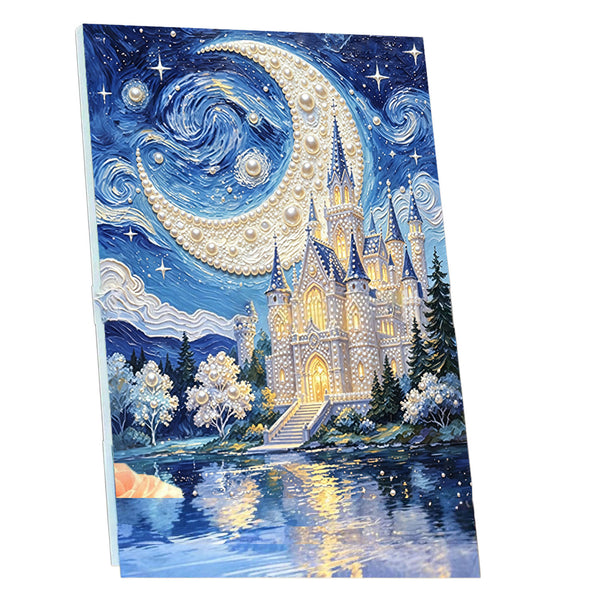 A vertical diamond painting canvas or art print featuring a whimsical fantasy scene of a glowing castle by a lake under a swirling blue night sky with a large pearl-like crescent moon and stars.