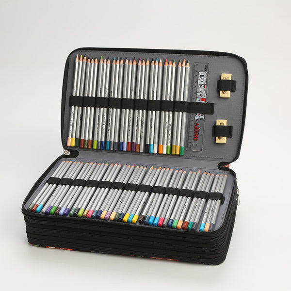 Set of colored pencils in an open case on a white background