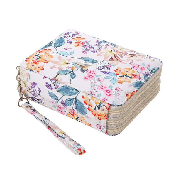 A square zippered clutch or organizer case with a colorful floral print on a white background, featuring a matching wrist strap with a silver metal clasp.