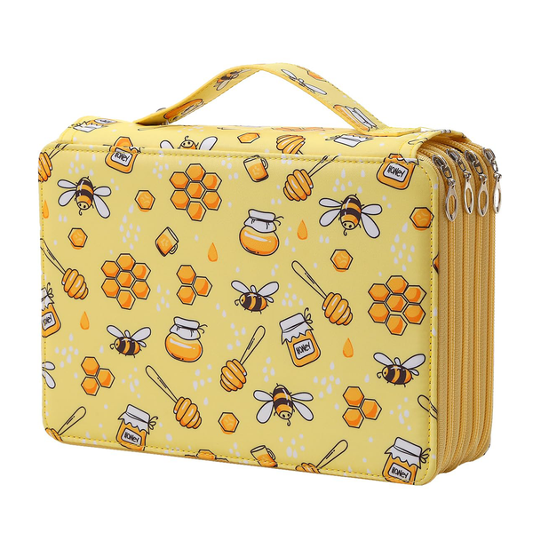 A yellow rectangular zippered cosmetic bag with a honeybee and honeycomb pattern, featuring a top handle and multiple zipper compartments on the side.