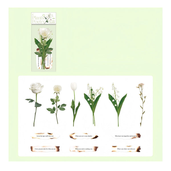 A sheet of white adhesive stickers featuring botanical illustrations, including white roses, a tulip, lily of the valley, and a small flower, each with a small printed quote beneath it. A smaller preview of the sticker sheet is shown in the upper left corner against a pale green background.