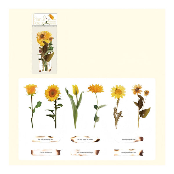 A sheet of floral decoupage stickers featuring sunflowers, tulips, and other yellow flowers with small text labels underneath, plus a small packaged sample at the top left, all on a pale cream background.