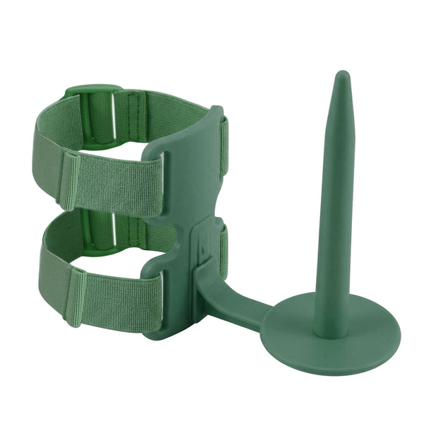 A green plastic and fabric adjustable support brace with a circular base and upright stem, shown on a plain white background.