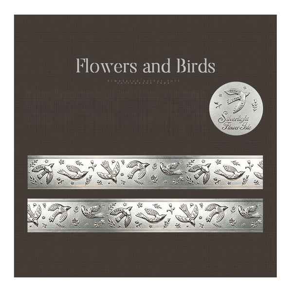 Silver floral and bird patterned wallpaper shown on a dark brown background, with two horizontal swatches of the embossed metallic design and a circular logo seal reading 'Silverlight Wallpaper'.