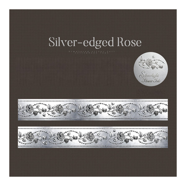 Silver-edged Rose floral border trim shown on a dark brown background, with two horizontal strips displaying the repeating rose and vine pattern and a circular logo seal reading Silverlight Flower Trim.