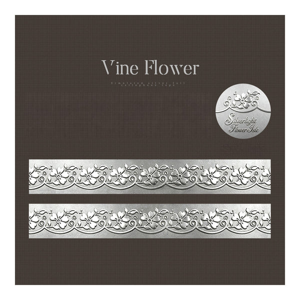 Two horizontal strips of silver vine flower decorative border shown on a dark brown textured background with the text 'Vine Flower' and a circular logo reading 'Silverlight Flower Strips'.