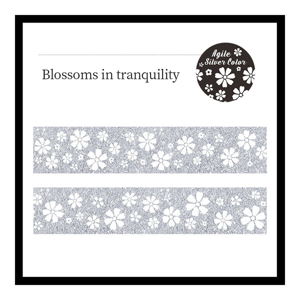 A product display card for 'Blossoms in tranquility' washi tape by Agile. The card features a black border, the product name in black text, a circular black logo with white floral details, and two horizontal strips of the silver glitter tape showing a white cherry blossom pattern.