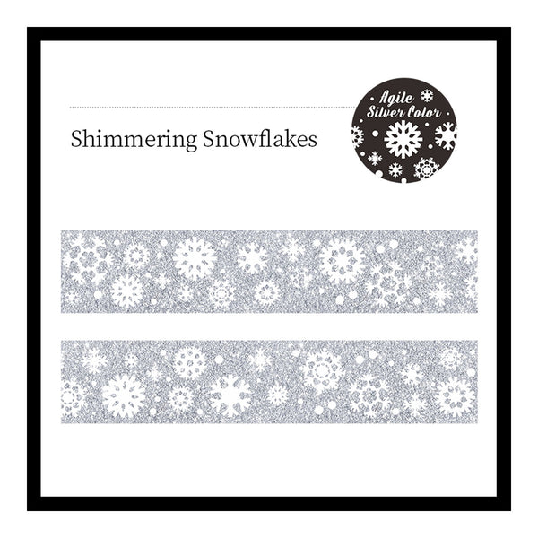 A product display card for 'Shimmering Snowflakes' washi tape. The card features a black border, the product name in black text, a circular logo for 'Agile Silver Color' in the top right, and two horizontal strips of the silver and white snowflake patterned tape in the center.