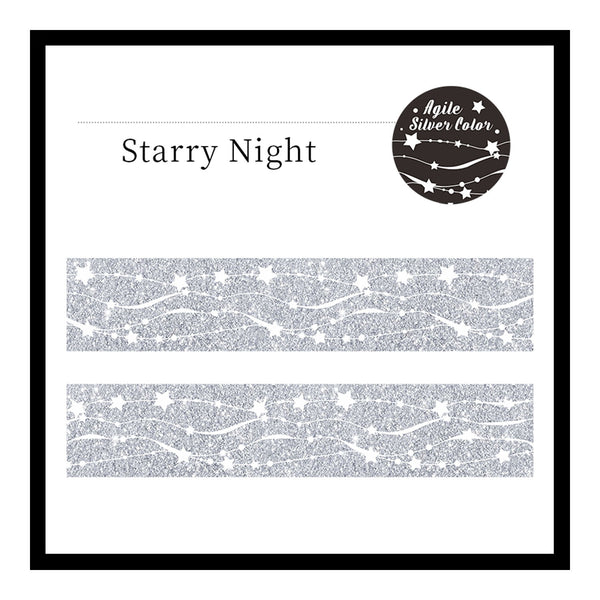 A product presentation card for 'Starry Night' nail art gel polish by Agile. The card features a black border, the text 'Starry Night' and 'Nail Silver Color' with a circular logo, and two horizontal strips showing the glittery silver pattern with white stars and wavy lines.