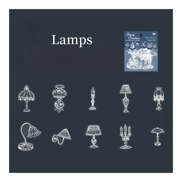 Illustrations of various lamps on a dark background with 'Lamps' text.