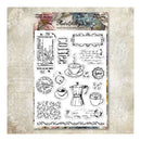 Sheet of clear stamps with coffee-themed designs on a textured background