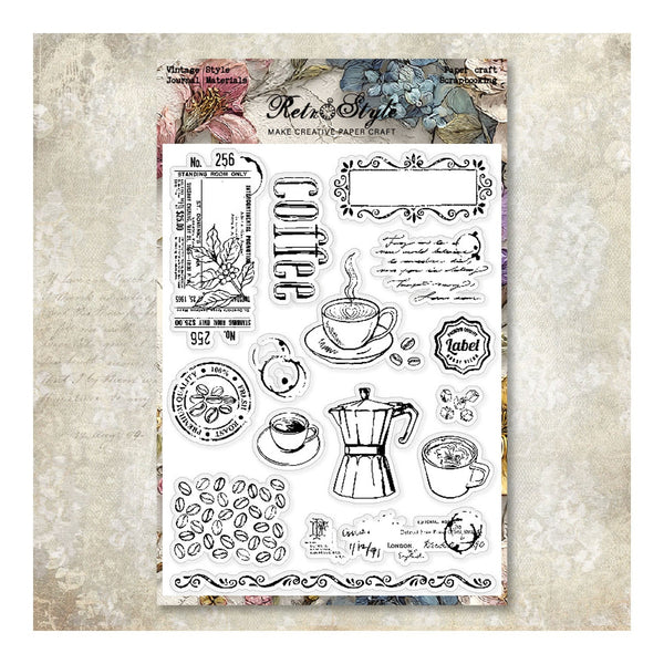 Sheet of clear stamps with coffee-themed designs on a textured background