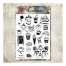 Set of black line art illustrations on a textured paper background, featuring coffee-themed elements.