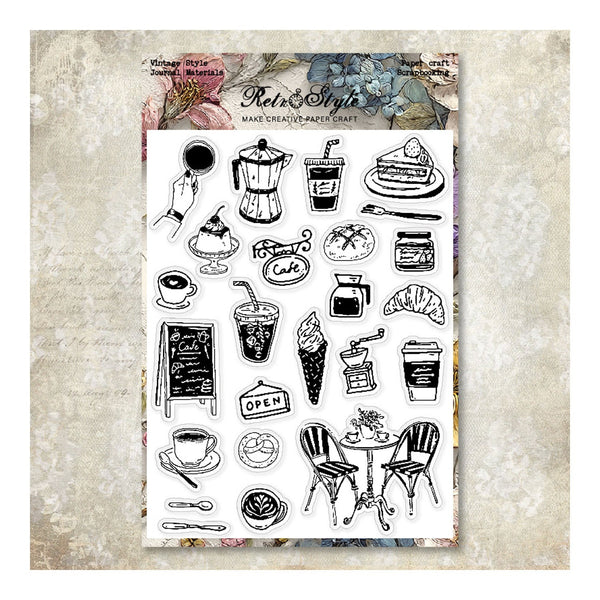 Set of black line art illustrations on a textured paper background, featuring coffee-themed elements.