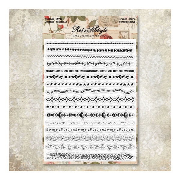Sheet of decorative paper strips with vintage-style patterns on a textured beige background.