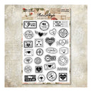 Sheet of decorative stamps with romantic designs on a textured background