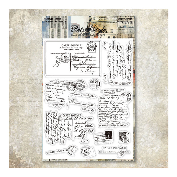 Sheet of vintage-style postcard and letter templates on a textured background